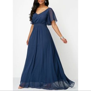 Navy Blue V Neck High Waist Maxi Dress